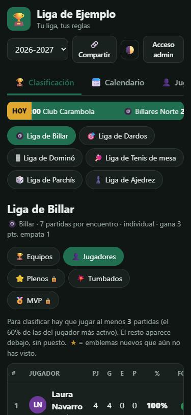 Pantalla principal de una liga